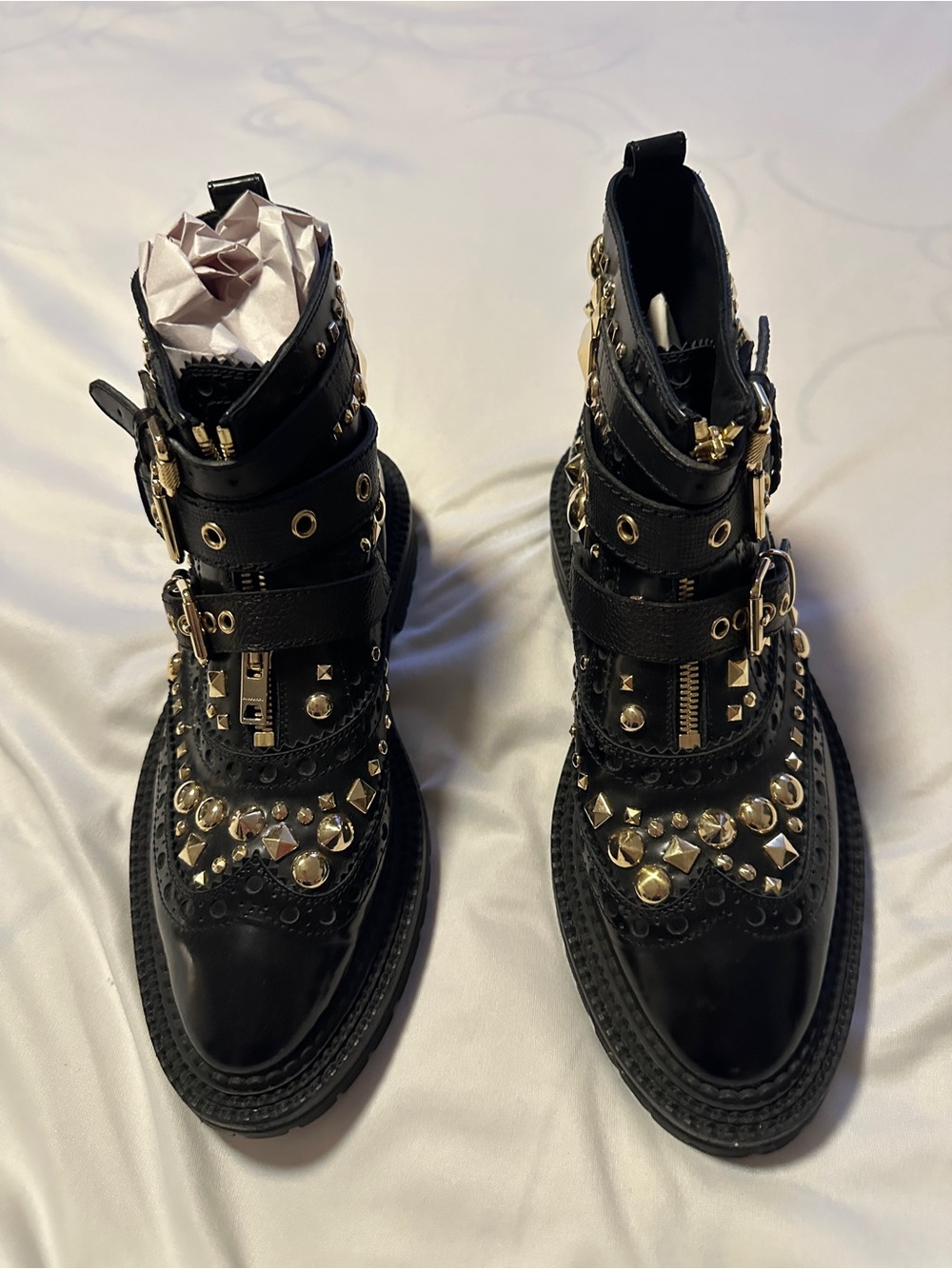 Burberry Gold Studded Black Leather Combat Boots - Like New size 40/9